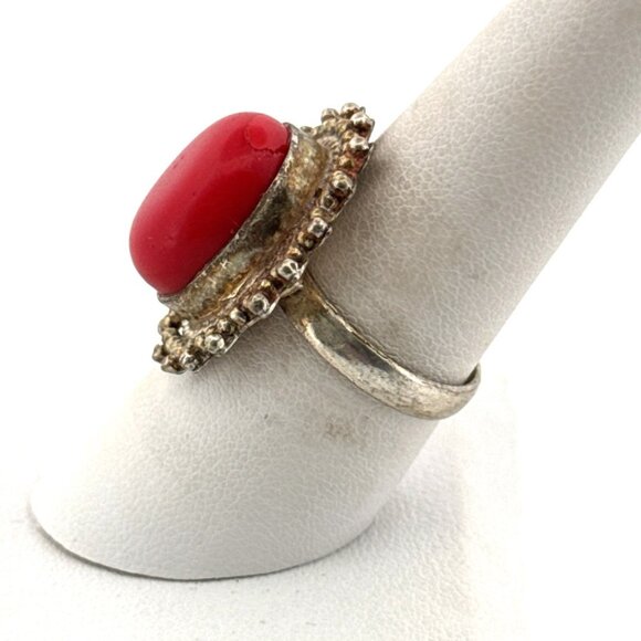 Vintage Estate Sterling Silver 925 Red Cabochon Ring Size 7.5 Beaded Frame - Picture 4 of 8